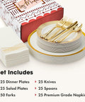 Heavy Duty White Plastic Plates With Gold Trim 175 Piece Bulk Party Essentials, featuring plates, cutlery, and napkins.