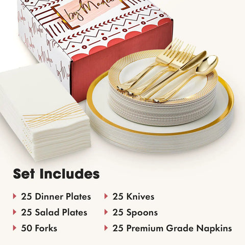 Heavy Duty White Plastic Plates With Gold Trim 175 Piece Bulk Party Essentials, featuring plates, cutlery, and napkins.