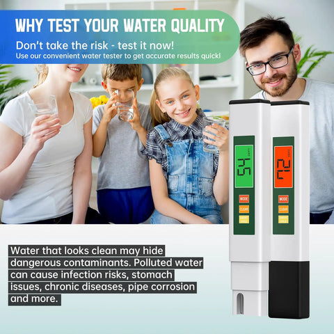 Four In One TDS Meter Digital Water Tester For Drinking Water EC And Temperature Readouts 0-9990ppm Portable On The Go Home And Travel Water Quality Checker White And Green Display shown next to family drinking water