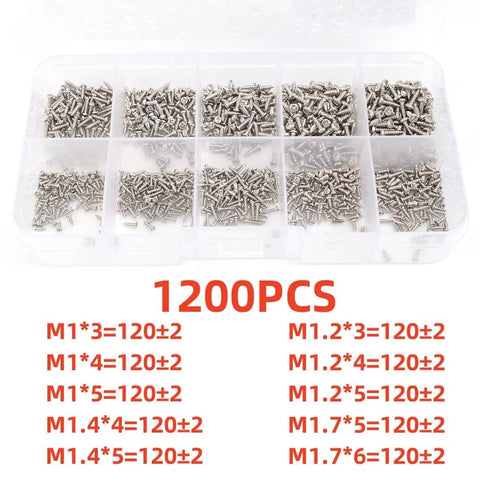 1200 Piece Miniature Self Tapping Screw Set Featuring Crosshead Drive And Rugged Carbon Steel Build For Diy Repairs And Furniture Assembly organized in a clear storage box.