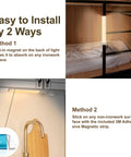 Two Pack Under Cabinet Lights with Motion Sensor, 54 LED, 2500mAh, showing magnetic and adhesive installation methods in kitchen and bedroom.
