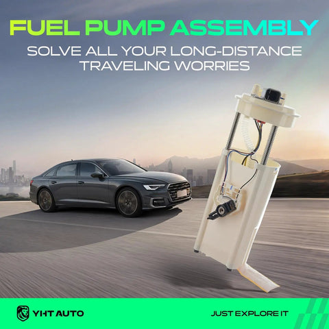 Heavy Duty Electric Fuel Pump Assembly With Sending Unit Direct Bolt On Replacement For Cadillac Deville Eldorado Seville V8 4.6L 4.9L 1994 1995 1996 shown against a car backdrop.