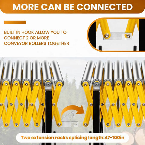 Adjustable Roller Stand For Conveyor With Locking Wheels Supports Up To 980 Lbs Expandable Infeed Outfeed Support System with connected rollers.