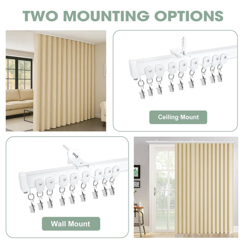 Flexible Bendable Ceiling Curtain Track With Clips for Room Dividers Ceiling Or Wall Mount Rails Heavy Duty Privacy Curtain Rods For Living Room Shower Bedroom And RV White 6 Ft ceiling and wall mount shown with curtains