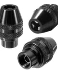 Premium Three Piece Quick Swap Keyless Chuck For Rotary Tools Snaps On Clean Fits Dremel Handles One Thirty Second To One Eighth Inch Bits Daily Grind Ready Gear, black metal chuck close-up.