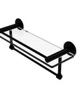 Fresno Collection 16 Inch Vanity Rail With Integrated Towel Bar And Glass Shelf In Matte Black Finish, angled view