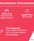 Installation information for Stovetop Surface Element Receptacle And Wire Kit, 30 min install, tools listed, Frigidaire brand.