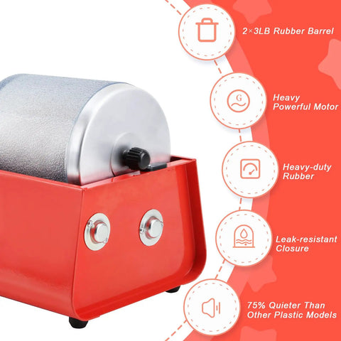 Red metal rock tumbler with rubber barrel, heavy motor, and leak-resistant design for home jewelry making, easy to use and low maintenance.
