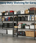 4 Tier Hella Heavy Duty Adjustable Steel Wire Storage Shelving Rack with Thickened Black Matte Finish Rust Resistant and Super Stable Load Capacity for Home Garage Organization Beast Mode Setup filled with tools and containers.