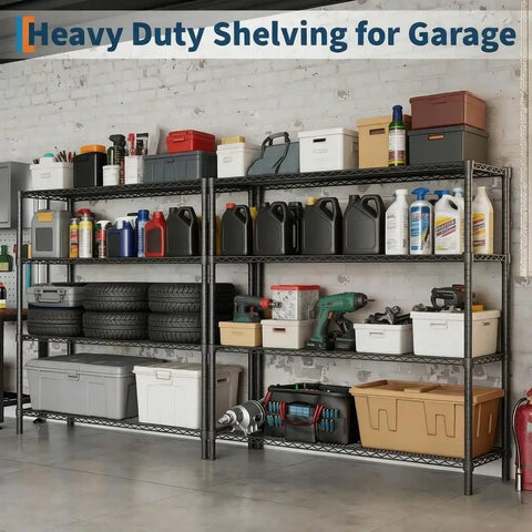 4 Tier Hella Heavy Duty Adjustable Steel Wire Storage Shelving Rack with Thickened Black Matte Finish Rust Resistant and Super Stable Load Capacity for Home Garage Organization Beast Mode Setup filled with tools and containers.