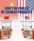 Image illustrating water quality comparison; murky water in China's glass vs clear water in USA's glass, highlighting safety differences.