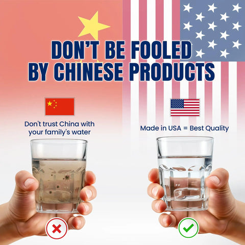 Image illustrating water quality comparison; murky water in China's glass vs clear water in USA's glass, highlighting safety differences.