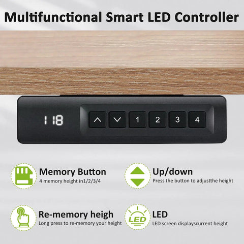Upgraded 55 Inch Oak Gray Electric Standing Desk With Memory Settings, showing smart LED controller with adjustment buttons.