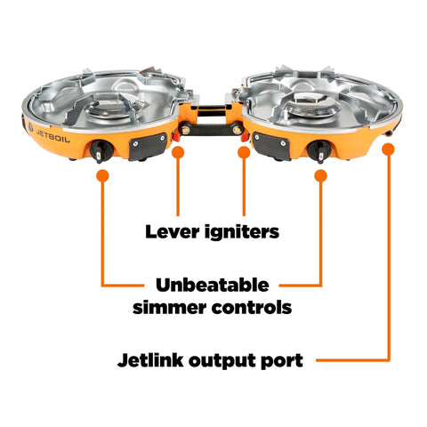 Genesis Basecamp Camping And Overlanding Stove Cooking System with dual burners, lever igniters, and JetLink output in orange.