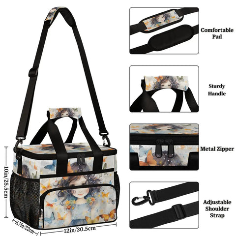 Insulated Picnic Backpack For Women And Men Large 12x8.7x10in with illustrated design, adjustable strap, and multiple compartments.