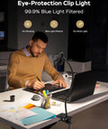 Clip-On Reading Light With Eye Care, 3 Color Modes And 10 Dimmable Levels on laptop desk, flexible gooseneck lamp for work focus
