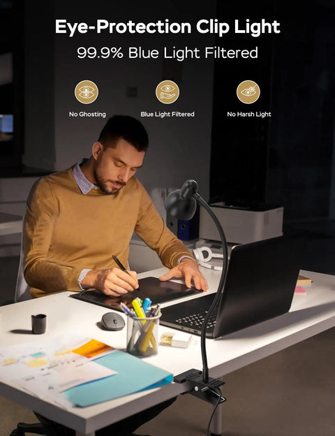 Clip-On Reading Light With Eye Care, 3 Color Modes And 10 Dimmable Levels on laptop desk, flexible gooseneck lamp for work focus