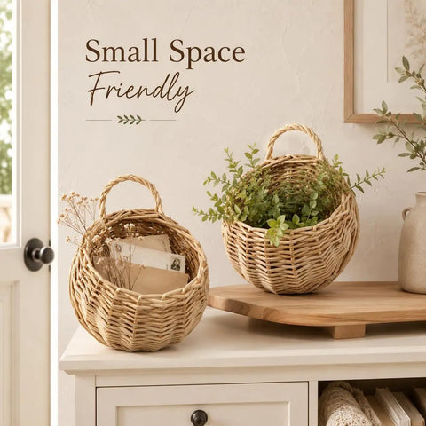 Premium Woven Wicker Hanging Basket Set Of Two Nine Inch Wall Planter With Built In Drainage Guard For Zero Mess Indoors Out And Total Patio Life Flex Upgrade
