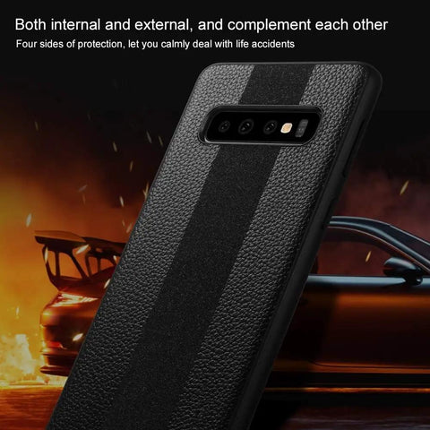 Textured black phone case with racing car in background, emphasizing protection and style