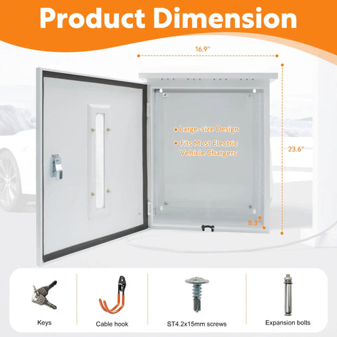 Slick Outdoor Electric Vehicle Charger Cover With Viewing Window For Tesla And Universal Wall Box Weatherproof Secure Locking Design No Sweat Install For Home Use dimensions display with keys, cable hook and components.