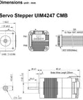 Servo stepper motor UIM4247 CMB with integrated encoder; dimensional drawings (front, side, top) in mm.