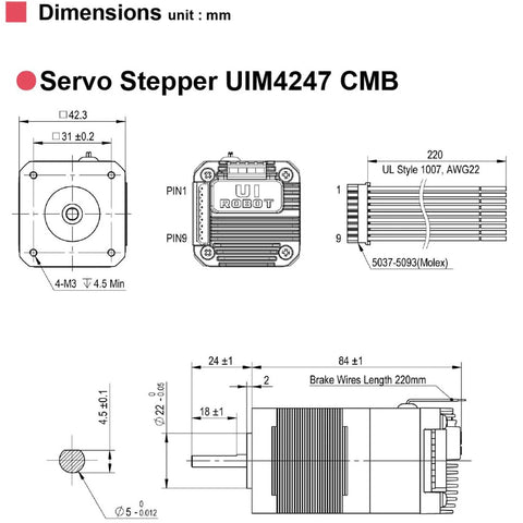 Servo stepper motor UIM4247 CMB with integrated encoder; dimensional drawings (front, side, top) in mm.
