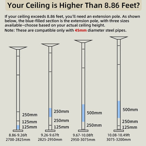 Diagram showing heavy duty pole dance extension pole options for various ceiling heights, 250mm, 125mm, 500mm sizes, for 45mm poles.
