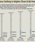 Diagram showing pole dance extension poles for 8.86+ ft ceilings compatible with 45mm poles, includes 125mm, 250mm, and 500mm options.