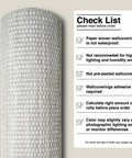 Roll of Marbletile Style Wallcovering Dope Gray Ivory White Grasscloth Texture with product checklist on beige background.