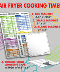 Magnetic Cheat Sheet For Air Fryer Fans With 100 Plus Cooking Times, Large Clear Font, Waterproof Durable 3 Piece Set visible.