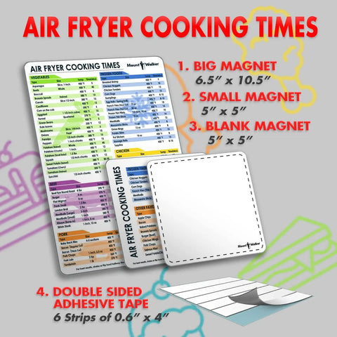 Magnetic Cheat Sheet For Air Fryer Fans With 100 Plus Cooking Times, Large Clear Font, Waterproof Durable 3 Piece Set visible.