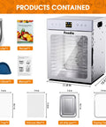 Straight Up Heavy Duty 12 Tray Food Dehydrator image with accessories including metal clip, silicone glove, and recipe guide.