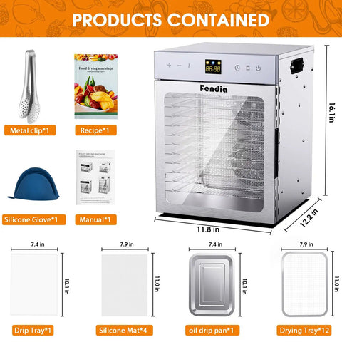 Straight Up Heavy Duty 12 Tray Food Dehydrator image with accessories including metal clip, silicone glove, and recipe guide.