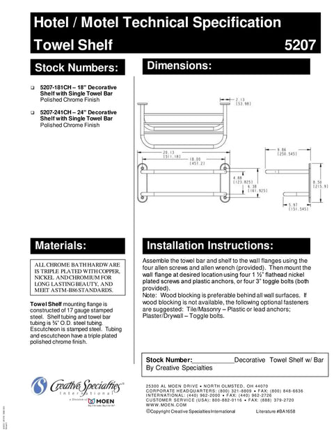 Technical drawing of 18-inch towel bar with shelf in chrome finish, including dimensions and installation instructions.