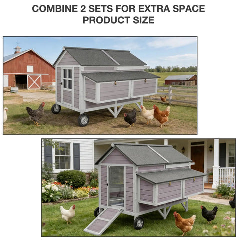68 Inch Mobile Chicken Coop On Wheels For 8 To 12 Chickens, Wooden Hen House with Chickens Grazing in Yard