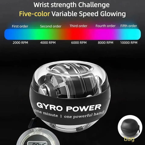 Gyro Ball Hand Exerciser With Counter And Auto Start Gyro, Wrist And Forearm Strengthener For Quick Arm Workouts, LED Lights And Colorful Display, Portable Grip Trainer For Strength, Endurance, And Real Fast Gains. Black gyro ball with rainbow speed chart and carrying bag.