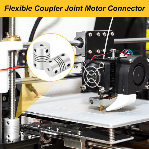 Four Pack Dope Flexible Shaft Couplings 15 by 20mm Aluminum Alloy Motor Couplers for 3D Printer and CNC Machines Bore 3mm to Three Point Seventeen Millimeter Encoders DIY Projects Smooth Drive Linkage Easy Install shown close-up on 3D printer.