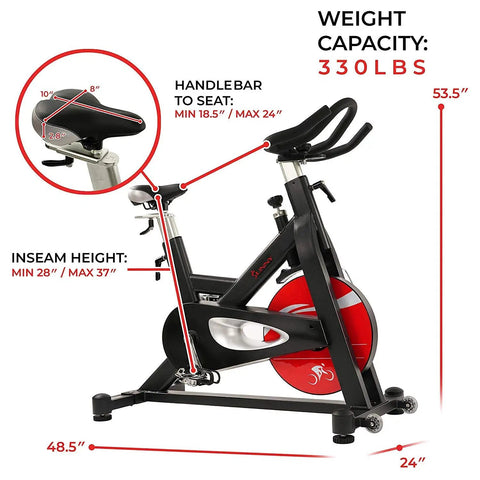 Evolution Pro Magnetic Belt Drive Indoor Cycling Bike With 44 Pound Flywheel, dimensions illustrated, 330 lb capacity, side view