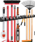 2 Pack Wall Mounted Mop And Broom Holder Organizer With Five Ball Slots And Six Hooks For Cleaning Tools Space Saving Tool Rack Heavy Duty Wall Mount Black holding various tools