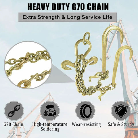 Three Eighths Inch Steel Towing Chain Bridle With 2 Ft Length, V Type Tow Chain, 15 Inch J Hooks, 2 Inch Legs, 7800 lbs SWL