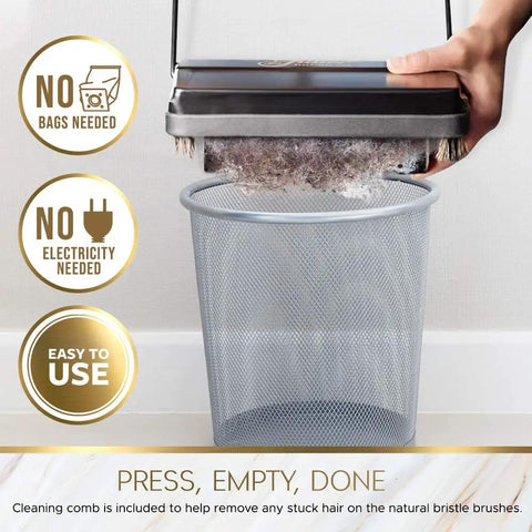 Electrostatic Carpet And Floor Sweeper Boasts A Nine Inch Cleaning Path For Tile And Rug, emptying debris into a gray mesh trash can.
