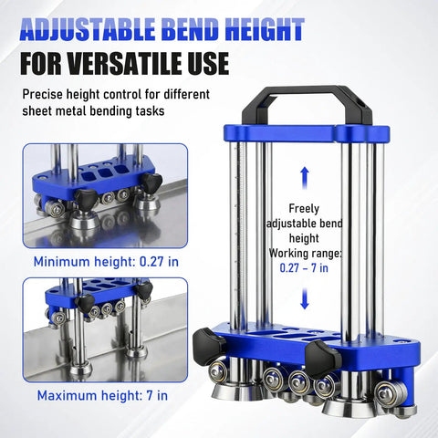 Sheet Metal Roller Two Station Bender For Roofing And Fabrication with adjustable height and blue heavy duty industrial tool.