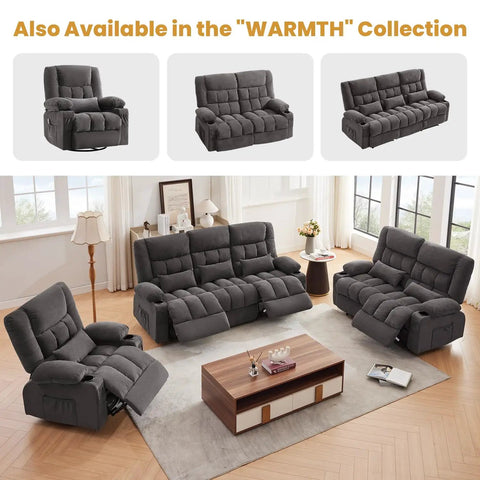 Living room with Relax In A 360 Swivel Rocker Recliner With Massage And Heat, oversized cozy chairs and sofas set