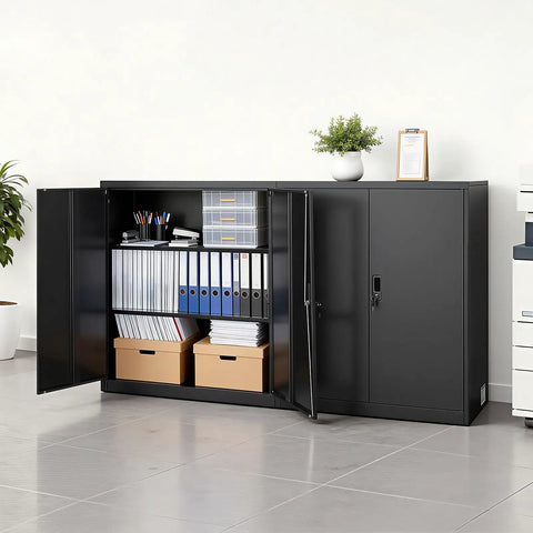 Sturdy 41.7 Inch Metal Storage Cabinet With 3 Tiers, 2 Adjustable Shelves, Lockable Magnetic Doors And 2 Keys, Heavy-Duty Steel Garage Pantry For Workshop, Basement, Office, Black, open with files