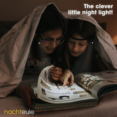 Two people using Rechargeable Reading Light Clip On For Glasses Or Headphones With LED Book Light, under a blanket at night