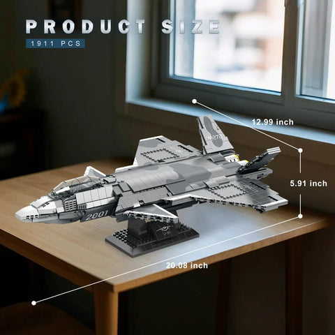 J20 Stealth Fighter Building Block Set For Adults displayed on a table, measuring 20.08 x 12.99 x 5.91 inches