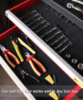 Open tool box with pliers and wrenches on Tool Box And Drawer Liner 16 Inch Wide By 6 Feet Long Non Slip EVA Mat Cushioned Tool Protection Black Easy Clean Durable For Secure Tool Organization.
