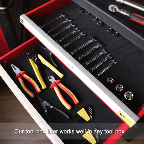 Open tool box with pliers and wrenches on Tool Box And Drawer Liner 16 Inch Wide By 6 Feet Long Non Slip EVA Mat Cushioned Tool Protection Black Easy Clean Durable For Secure Tool Organization.