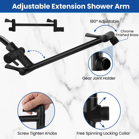 High Pressure Rainfall Shower Head And Handheld Shower Combo with 11 Inch Extension Arm, adjustable matte black finish.
