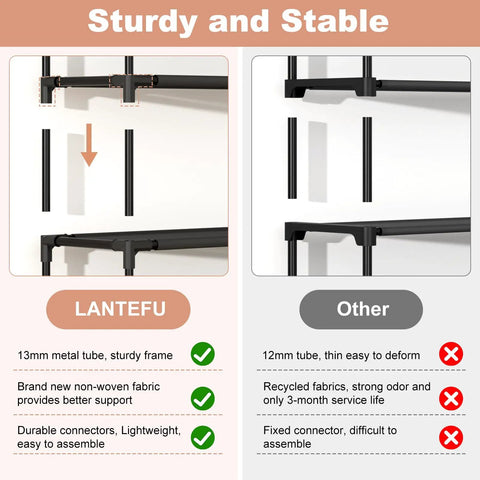 Comparison of sturdy and stable features of Tall Ten Tier Shoe Rack Holds Twenty Five Pairs Narrow Boot Organizer With Hook Hangers.